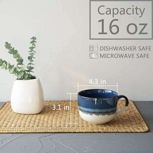 Bosmarlin Ceramic Coffee Mug Set of 4, 16 Oz, Jumbo Latte Mugs, Dishwasher and Microwave, Unique Reactive Glaze (Deep Blue, 16 Oz)