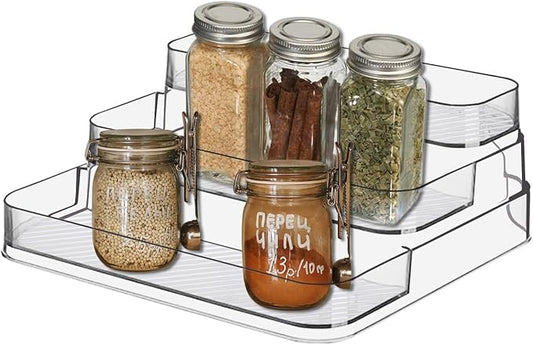 Zilphoba Acrylic Spice Rack, No Assembly Clear 3 Tier Condiment Bottle Shelf Vanity Organizer for Cabinet Kitchen Bathroom (1pcs)