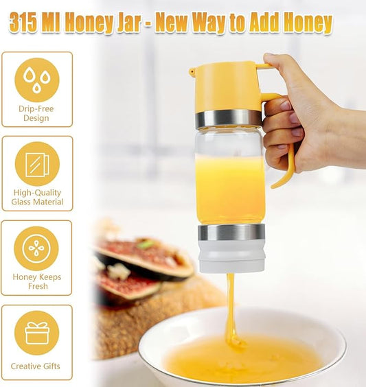 Ecopandy Honey Dispenser No Drip with Base 2025 Upgrade, 12 OZ Glass Honey Jar pot with Handle, Syrup Dispenser for Coffee or Tea, Mess Free Honey Dispenser for Honey and Syrup, Honey Container