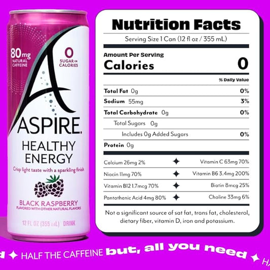 ASPIRE® Black Raspberry, Healthy Energy Drink 80mg Natural Caffeine, Zero Sugar No Carbs Keto Friendly, 12 Pack Green Tea Sugar Free Drink Low Caffeine Zero Calorie