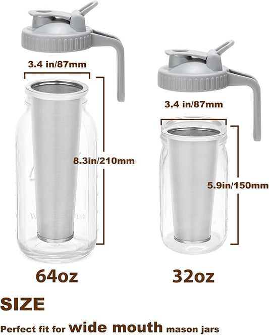 Cold Brew Coffee Filter with Pour Spout Lid for 64 OZ Wide Mouth Mason Jar, 304 Stainless Steel Strainer with Seal Ring for Iced Drinks, Sun Tea Infuser and Cold Brew Coffee Maker