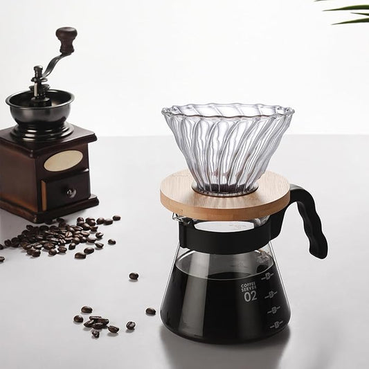 Gute Glass Coffee Dripper/Filter - Cone Glass Pour Over Coffee Dripper with Bamboo Stand, 1-4 Cups Drip Coffee Maker Funnel Accessories for Home, Office