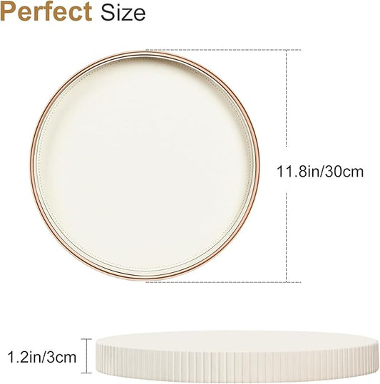 KINGFOM Round Decorative Tray, PU Leather Vanity Tray Organizer with Gold Trim for Dresser, Coffee Table & Bathroom Counter, Modern Home Decor Jewelry & Perfume Tray for Men Women (Ivory White)