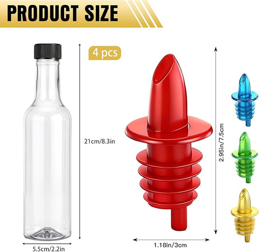Tioncy 4 Sets 10oz Plastic Liquor Bottles with Pourers Sets 4 Plastic Long Neck Syrup Bottles with Pourer and Caps Reusable Leakproof for Home Party Bar(Red, Yellow, Blue, Green)