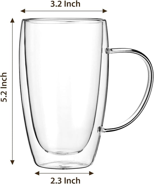 2-Pack 15 Oz Double Walled Glass Coffee Mugs with Handle,Large Insulated Layer Coffee Cups,Clear Borosilicate Mugs,Perfect for Cappuccino,Tea,Latte,Espresso,Hot Beverage,Wine,Microwave Safe