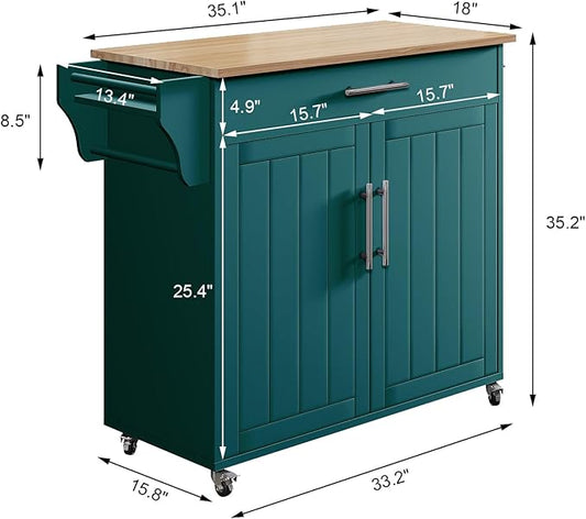 Wood Kitchen Island with Storage, Rolling Kitchen Island On Wheels, Mobile Island Trolley Cart Sideboard Cabinet with Towel Rack, Spice Rack, Adjustable Shelf, Wooden Top & Large Drawer, Dark Green
