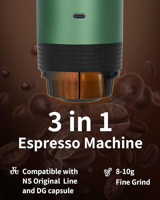 Portable Electric Espresso Machine, Travel Coffee Maker Brewer Compatible with Ground Coffee & NS Capsules (Green with LCD Screen)
