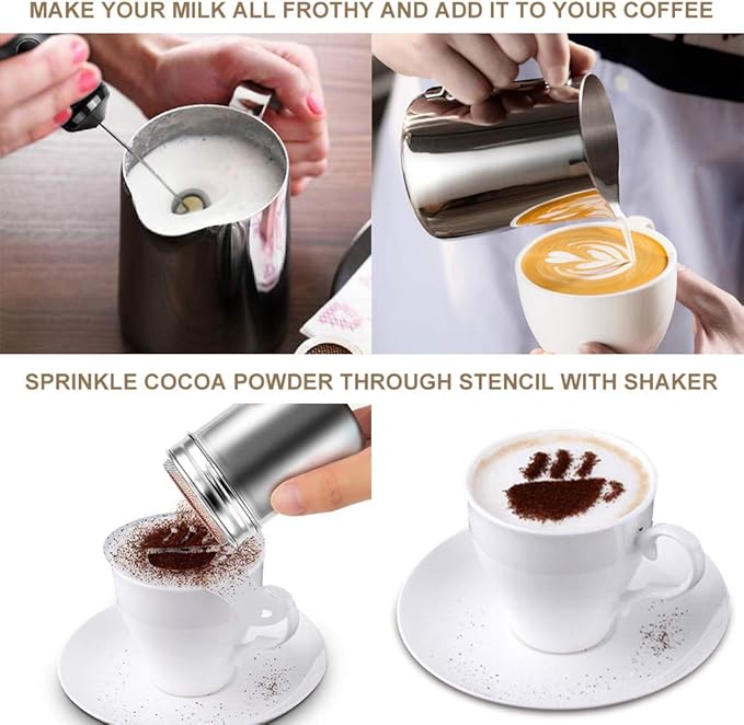 Milk Frother Handheld Art Set - with Milk Frother Pitcher, Powder Cocoa Shaker, Latte Art Pen, Coffee Stencils, Coffee Spoons