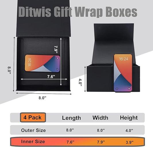 4 Pack 8x8x4 Inches Gift Boxes with Magnetic Closure Lids, Black Magnetic Box for Wedding, Groomsmen Bridesmaid Proposal, Birthdays, Mother's Day