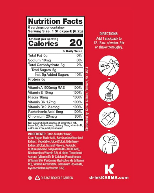 Karma Probiotic Hydration Packet - 6 Pack, Berry Cherry Powder Drink Mix Stick - On-The-Go Immune & Gut Health Support