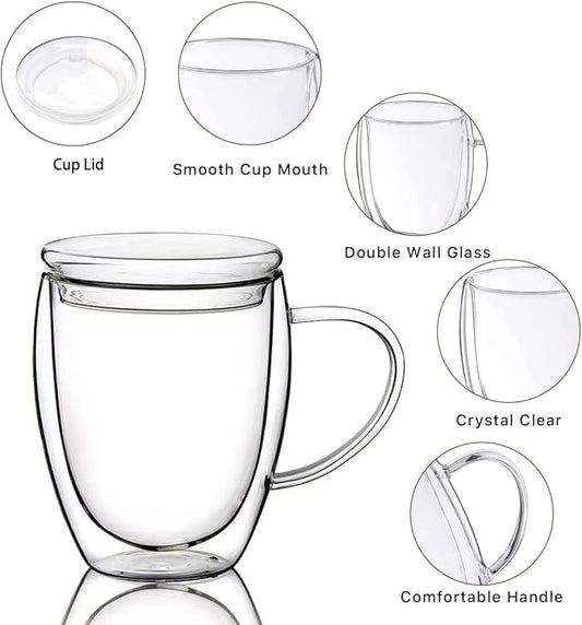 12 Oz Double Walled Glass Coffee Mugs, 2 Packs Clear Coffee Mugs with Lids Insulated Coffee Cups with Handle Perfect for Cappuccino,Tea,milk ,Espresso,Latte, Hot Beverage Set of 2 (Glass lid, 12oz)