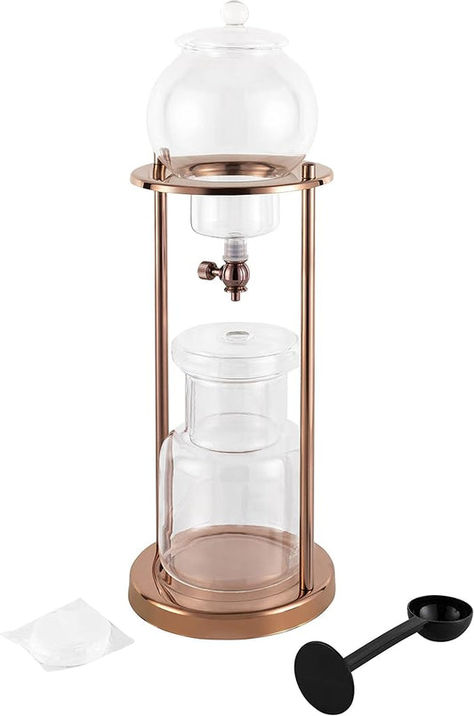 Iced Coffee Cold Brew Drip Tower Coffee Maker, Wooden Ice Coffee Machine, Stainless Steel and Borosilicate Glass, Long Neck Sharing Pot, with Measuring Spoon (Gold)