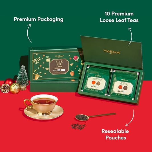VAHDAM, Assorted Black Tea Loose Leaf Tea Gift Set (10 Flavors) Gift Ideas for Women & Men | Directly Sourced From Assam and Darjeeling | Resealable Ziplock Pouch
