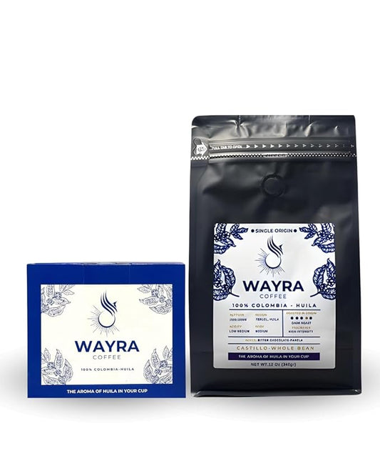 Wayra Whole Bean Colombian Coffee - Dark Roast - Castillo 100% Arabica Fresh Colombian Coffee - Huila Single Origin - Direct Trade - Low Medium Acid - Flavor Notes of Dark Chocolate, Panela and Walnuts Net Wt. 12 Oz (340 gr) Resealable Bag - Pour Over,...