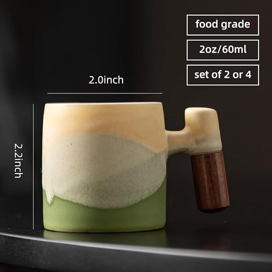 2-Oz Ceramic Espresso Cups with Wood Handle, 2/4-Piece Set for Coffee, Tea, Latte - Dishwasher Safe, Multi-Color & Wood Styles, Gift & Café Use(Kiln turning green, Wooden Handle2)