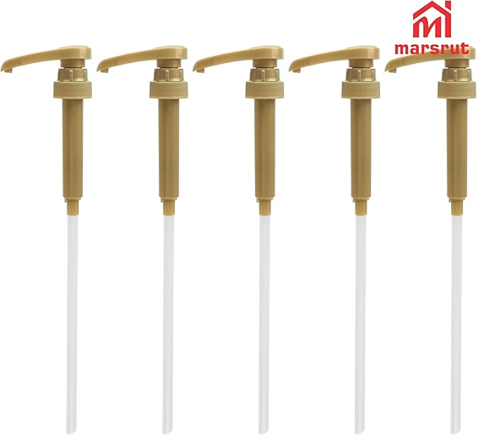 5pcs Coffee Syrup Pump Fit 25.4oz (750ml) Bottles, Lockable Open Dispenser Accessories for Snow Cones Grenadine Mixes Liquids Pastes Dinning Drinking Cocktails Tea Beverage For Bar Home Kitchen, Gold