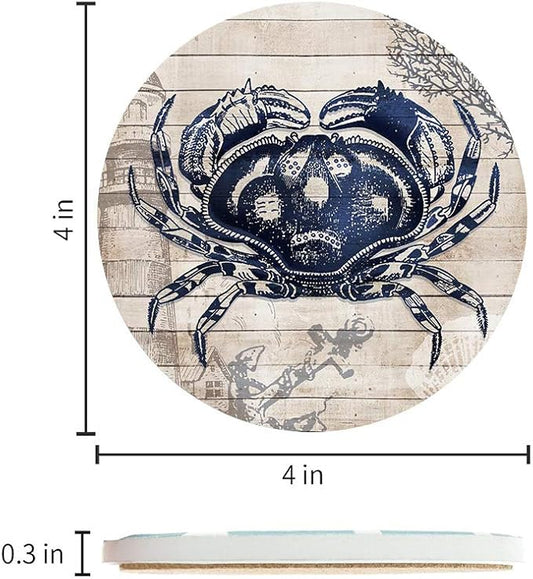 Absorbent Coasters Natural Ceramic Thirsty Stone Navy Blue Octopus Seahorse Crab Turtle Ocean Theme Coaster Set for Drinks Cork Backing (sea Animals)…