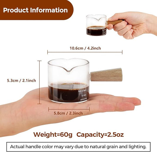 YARRAMATE 2.5 oz/75ML Espresso Shots Cup with Wood Handle (2 Pack), Clear Glass Espresso Measuring Cup, Espresso Shot Glass with Double V-Shaped Spout and Scale, Dishwasher Safe