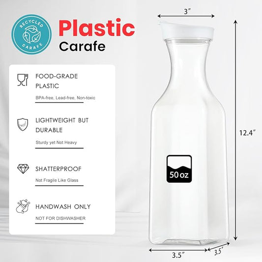 Plastic 8 PACK Large 50 Oz Water Carafe with Flip Top Lid, Square Base Juice Containers, Clear Plastic Pitcher - for Water, Iced Tea, Juice, Beverage, Milk, Cold Brew and Mimosa Bar - HAND WASH ONLY
