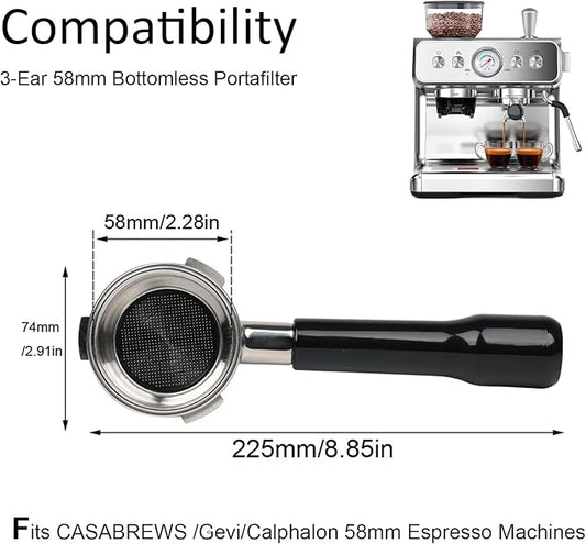 58mm Bottomless Portafilter Compatible with Calphalon Temp IQ/Barsetto Espresso Machines, 3 ears 58mm Portafilter, Filter Basket Included, Stainless Steel Replacement Parts for The Handle