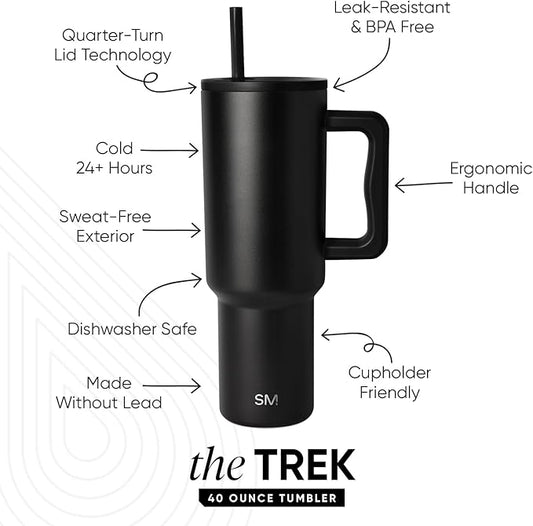Simple Modern 40 oz Trek Tumbler with Handle and Straw Lid | Cup Holder Friendly Insulated Stainless Steel Travel Mug | Midnight Black