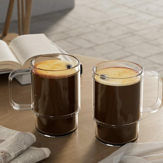 Aquach 18oz Stackable Glass Mugs with Handle, Set of 2 - Large Clear Coffee Cups for Latte, Cappuccino, Mocha, Americano, and Tea