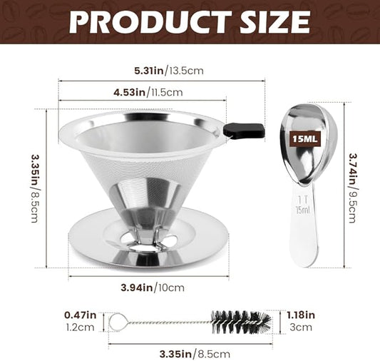 Pour Over Coffee Dripper,Upgraded Double Micro Mesh Filter With Cleaning Brush & 15g Measuring Scoop,Stainless Steel Reusable Coffee Filters Metal Cone-Filter Paperles(3-4cups)