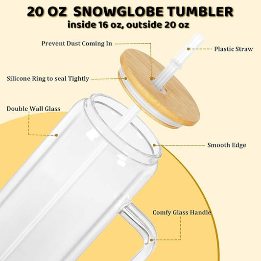 20 Oz Snow Globe Glass Cup With Handle, 6 Pack Pre-Drilled Double Wall Glass Coffee Mug For Snowglobe Diy Glitter, Double Wall Snow Globe Tumbler with Bamboo Lid
