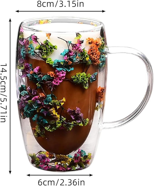 Creative Flowers Double Wall Clear Glass Coffee Mug with Handle, Aesthetic Dried Flowers Coffee Mug, Clear Double Insulated Glass Cup for Hot and Cold Beverages, Cappuccino, (C)