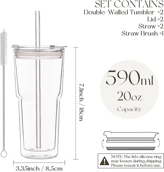 KEMORELA 2PCS 20oz Double Wall Glass Tumblers with Lids and Straws – Insulated Borosilicate Glass Matcha Cups for Iced Matcha Latte, Smoothies, Reusable Travel Glass Cups – Leak Proof 2-in-1 Lid