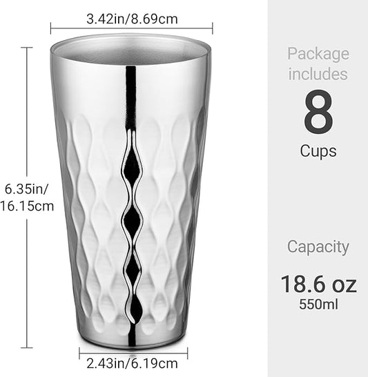 Beasea Stainless Steel Cups 19 oz, 8 Pack Large 18.6oz 550ml Stainless Steel Drinking Cups Tumbler Stackable Double Wall Insulated Individual Metal Pint Glasses Tin for Home Party Camping