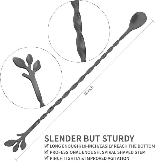AnSaw Black 10-Inch Stainless Steel Cocktail Spoon with Leaf Handle - Perfect for Mixing & Layering Drinks in Tall Cups, Bar & Shakers - Durable Long Handle Bar Stirrer,2-Pieces