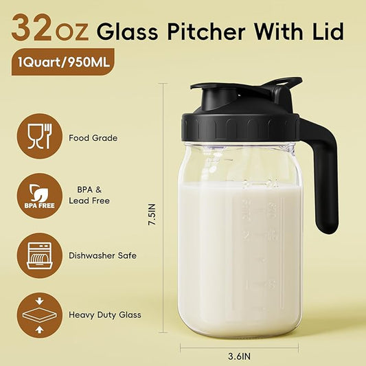 Breast Milk Pitcher - 32 oz Glass Mason Jar with Dual Leak-Proof Design, Airtight Seal, Pour Spout & Handle, Storage Container for Breastmilk, Iced Tea & Ice Drinks(Black)