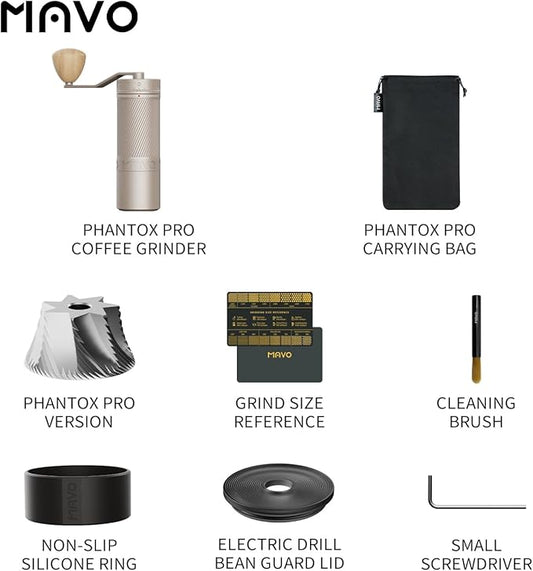 MAVO Manual Coffee Grinder, Phantox Pro Burr Coffee Grinder, Professional 45mm Stainless Steel Grinding Core, Capacity 30g, 120 Clicks Adjustment, Hand Coffee Grinder for Espresso, Pour Over, Silver