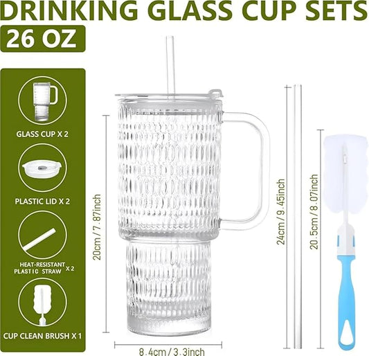 26oz Glass Cups with Lids and Straws,2 Pack Tumbler With Handle Mason Jar Wide Mouth Reusable Drinking Glasses with Lid and Straw Smoothie Tumbler Iced Coffee Beer Cup Travel Mug(Waterdrop)