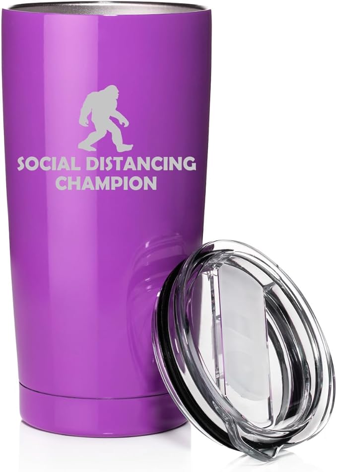 Smooth Body Tumbler Stainless Steel Vacuum Insulated Travel Mug Cup Gift Social Distancing Champion Bigfoot Sasquatch (Purple, 20 oz)