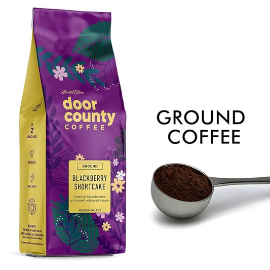 Door County Coffee Blackberry Shortcake, Flavored Coffee Ground - 8 oz Bag - Spring-Summer Seasonal - Medium Roast - 100% Specialty Arabica - Blackberries & Sweet Cream Flavored