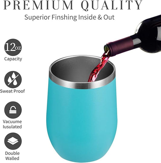 MEWAY 12oz/12 Pack Wine Tumbler Glasses with Lid -Double Wall Vacuum Stainless Steel Travel Tumbler Mug,Stemless Insulated Wine Cup for,Coffee,Cocktails (Turquoise,Set of 12)