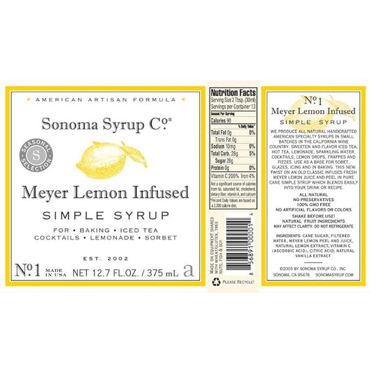Sonoma Syrup Co. Meyer Lemon Infused Simple Syrup 12.7 fl oz | for Coffee, Cocktails, and Cooking | Hand Crafted in the USA