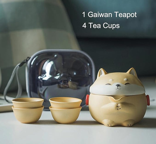 Mini Gaiwan Tea Set, Cute Dog Shiba Inu Teapot with Portable Bag for Travel, Chinese Ceramic Gongfu Teapot with 4 Ceramic Teacups. Gift for Tea Lovers.