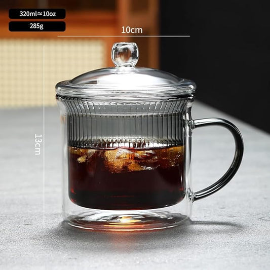 10OZ Double Walled Coffee Mugs Glass with Lid Handles,Cups for Latte,Hot Tea,Cappuccino, Mocha,Cocoa,Hot & Cold Beverages Glasses Heat Resistant Coffee Cups