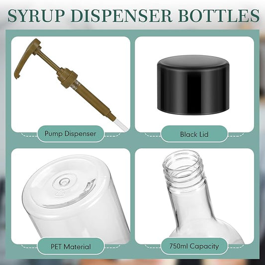 Maxdot 2 Pcs 25 oz Syrup Bottles with Pump Long Neck Bottles Plastic Syrup Pump Dispenser for Coffee Bar Accessories Home Party (Gold)