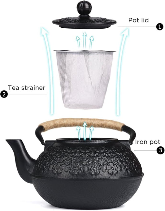 Sotya Cast Iron Teapot, 40oz/1200ml Japanese Tetsubin Tea Pot with Infuser for Loose Leaf and Tea Bags, Tea Kettle Coated with Enameled Interior for Stove Top, Black