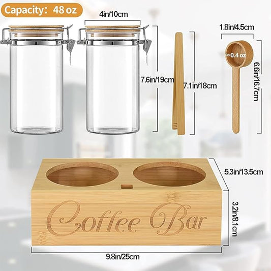 Glass Coffee Containers with Shelf & Scoop, 2 Pcs 48OZ Coffee Storage Jars with Airtight Lid for Coffee Beans, Nuts, Snack, Sugar, Tea, Wood color