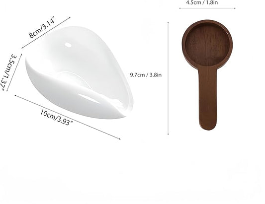 Espresso Station Essential Set White Coffee Bean Dosing Cup n Walnut Coffee Wooden Spoon, Ceramic Dosing Vessel with Measuring Tablespoon Great Addition for Ground Beans, Protein Powder, Coffee n Tea