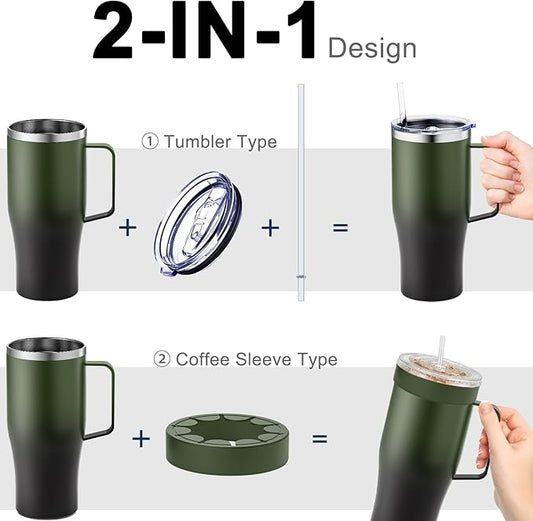 Universal Iced Coffee Sleeve with Handle - Insulated Double Wall Reusable Stainless Steel Holder Insulator for Cold Drinks Fits Small Medium Large To Go Cups Gifts for Men Women Him Her (Black Forest)