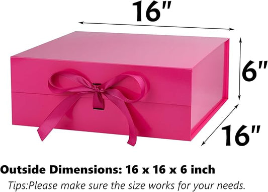 OEMVALATY Bright Pink Gift Box,16x16x6 Inches Gift Boxes with Lids for Presents with Magnetic Closure and Ribbon for Wedding,Storage,Birthday