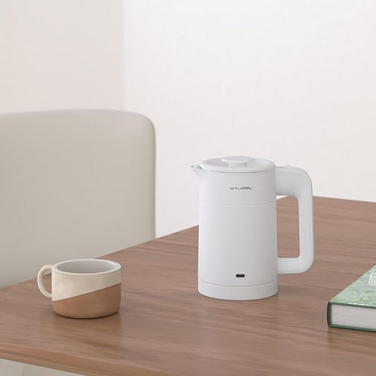 WTJMOV 0.6L Small Electric Tea Kettle Lightweight, 20 Ounce Double Wall Hot Water Boiler Stainless Steel Auto Shut-off, 120V Portable Travel Electric Kettle Fast Boil for Tea and Coffee,White