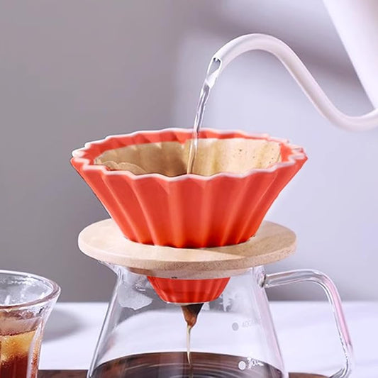 Ceramic Coffee Dripper with Wood Cup Stand Pour Over Coffee Maker Elegant Flower-shape V60 Strainer for 1-2 Cups Slow Brewing Accessories for Home Coffee Shops Restaurants Red