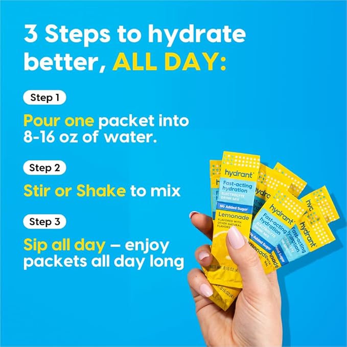 Hydrant - Hydration Powder, Lemonade Flavor, 8 Individual Sugar-Free Instant Electrolyte Rehydration Packets - Zero Sugar Drink Mix for Daily Use, Travel & Workouts